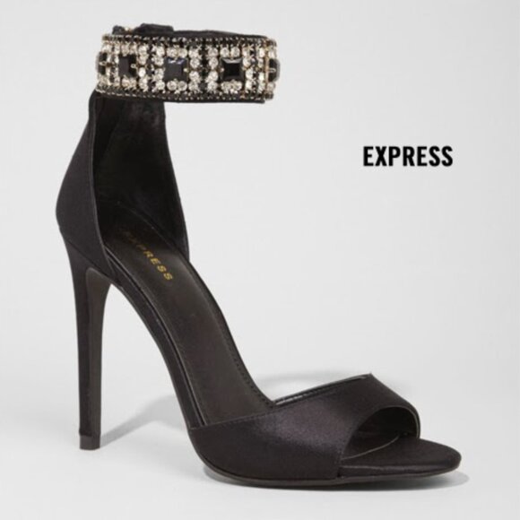 Black Satin Rhinestone Embellished Ankle Cuff Pumps Size 7 - Picture 1 of 3